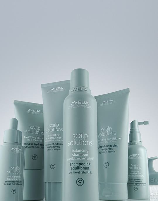 Several Aveda Scalp Solutions hair care products, including shampoo, conditioner, and treatments, are arranged upright against a neutral background.